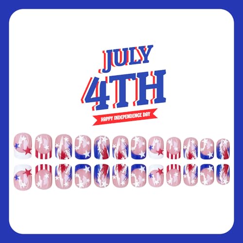 MINGCHUN 4th of July Short Square Blue & White French Press-On Nails with Star Design, 24Pcs - Model A28