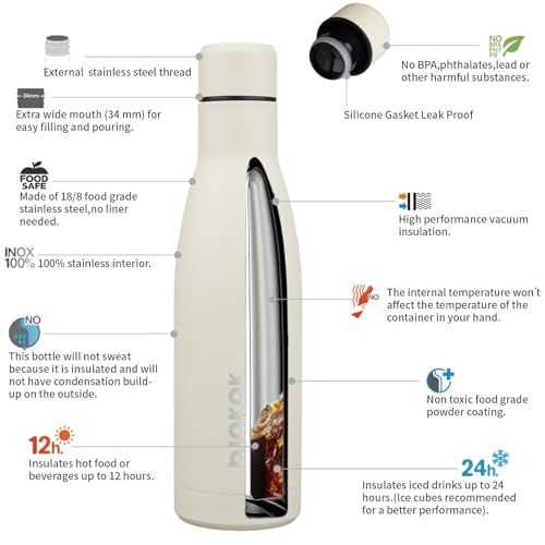 BJPKPK 17oz Insulated Stainless Steel Water Bottle - Leak Proof, BPA Free, Travel Friendly, Beige