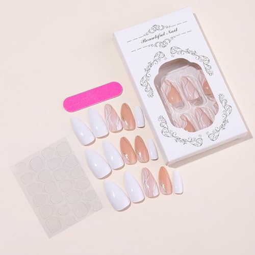 Medium Almond Press-On Nails with Gold Line Design - 24 Pcs
