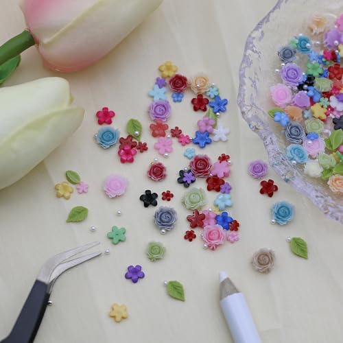 Flower Nail Charms,Colorful Resin Art Decor with Leaves and Gold