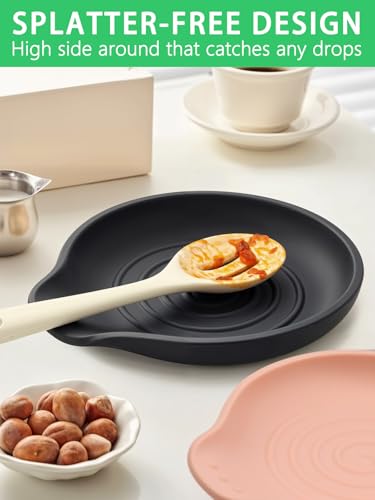 Silicone Spoon Rest Set of 2 - 6.1" Kitchen Utensil Holder in Gray & Black