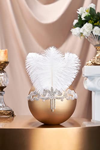 BABEYOND White 1920s Flapper Headband with Feathers & Crystals - Gatsby Costume Accessory