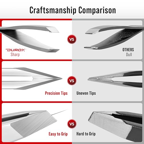 DuroX Precision Slant Tweezers for Eyebrows & Hair Removal - Stainless Steel, Fine Tips