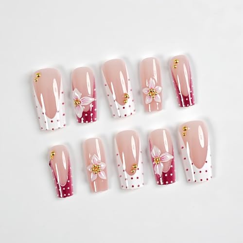 24Pcs Pink Flower Press On Nails with 3D Gold Rhinestones