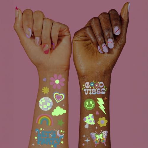 xo, Fetti Groovy Disco Glow in Dark + Foil Temporary Tattoos - 82 pc | Flower Power Birthday Party Supplies, Rave Bachelorette Party Favors, Smiley Decorations, Y2K, Rainbow Arts and Crafts