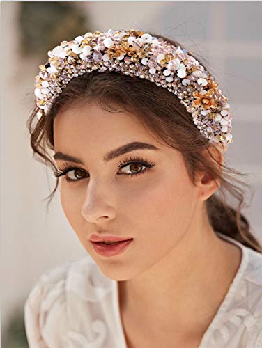 Pink Crystal Beaded Headband for Women - Handmade Velvet Hairband with Gold Flowers