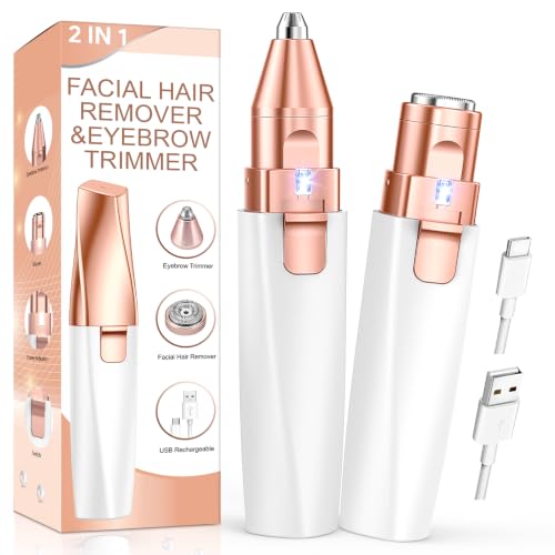 Rose Gold Eyebrow Trimmer & Facial Hair Removal for Women - 2 in 1 Rechargeable Electric Razor with LED Light