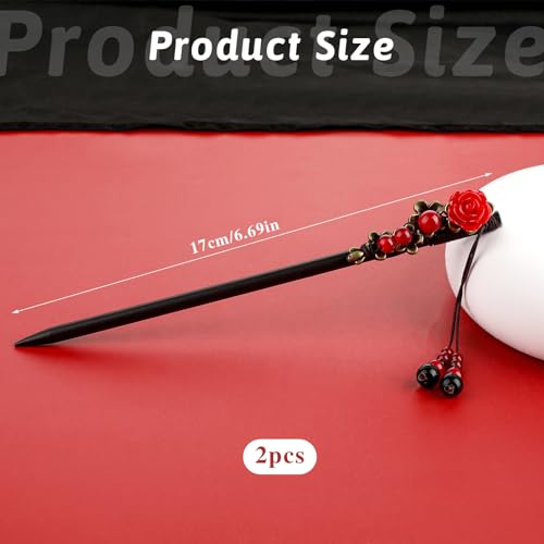 2 Pack Retro Chinese Hair Sticks with Red Flower Design