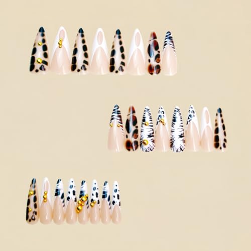 MISUD Long Stiletto Press-On Nails with Cheetah French Tip & Tortoise Design, 24 Pcs