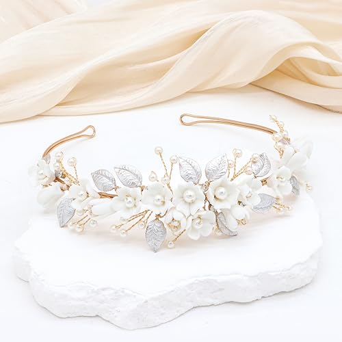 Oriamour Gold Bridal Headband with Ceramic Flowers and Pearl Embellishments
