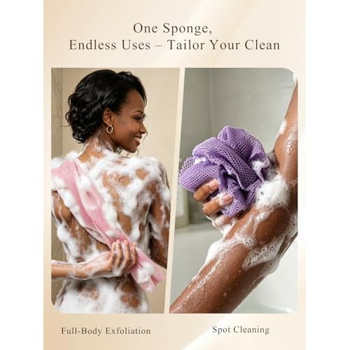 SPMKTBOZAI 4 Pack African Net Sponge, Authentic African Exfoliating Net Sponge for Body & Back, Extra Long Stretchable African Wash Cloth Bath Scrubber for Smooth Skin & Daily Shower