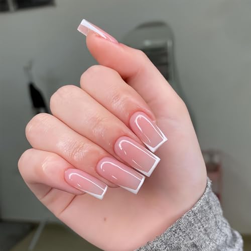 YUEJIMEIGUI White French Tips Press-On Nails Medium Square Reusable Fake Nails
