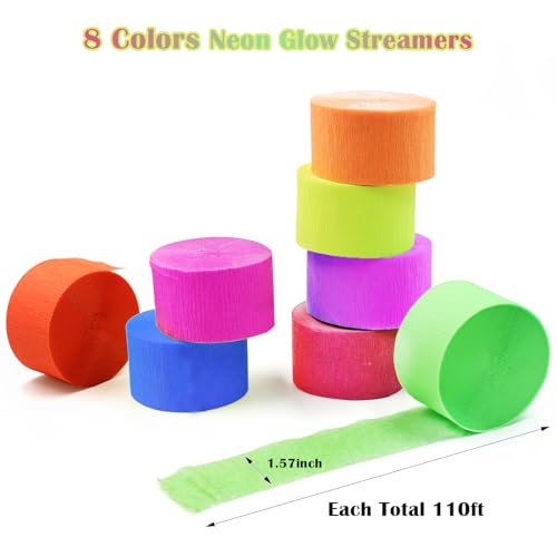 Glow Crepe Paper Streamers - 8 Rolls UV Reactive Neon Party Decorations