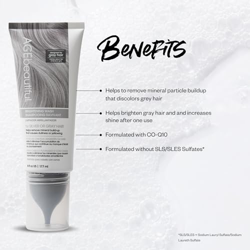 AGE Beautiful Brightening Shampoo for Silver & Gray Hair - Clarifying Wash with CoQ10 & Charcoal, Sulfate-Free, Color-Safe, Brightening & Brassy Tone Removal - Brightening Wash