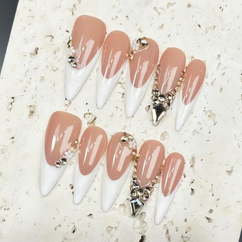 Luxury Handmade Stiletto Press-On Nails S / 083-4 with 3D Rhinestones & French Tip