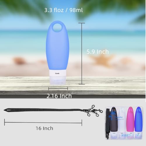 Fullplus 4-Pack Silicone Travel Bottles with Shower Lanyard, 3.3 oz Leak-Proof