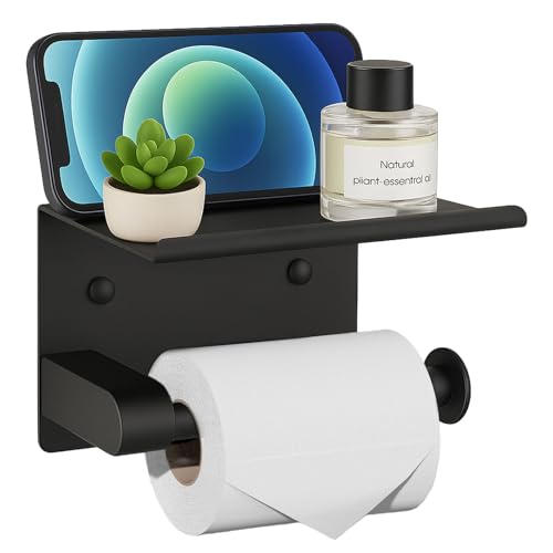 Black Rustproof Toilet Paper Holder with Shelf - Wall Mount & Adhesive