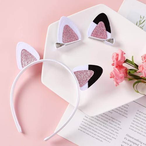 Glitter Cat Ear Hair Clips for Women - Pink & White Barrettes
