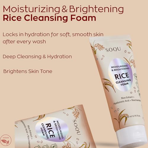 SOQU Rice Foam Cleanser with Niacinamide & Hyaluronic Acid – Hydrating Korean Face Wash 200ml
