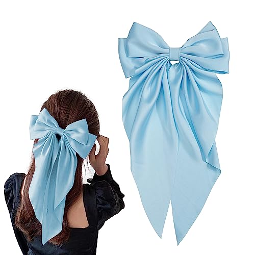 Large Silky Satin Blue Bow Hair Clip with Long Tails for Women