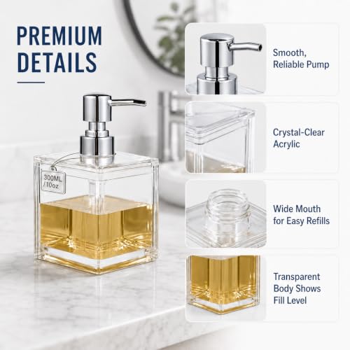 LGURT 300ml Clear Acrylic Soap Dispenser - Compact Pump for Kitchen & Bathroom