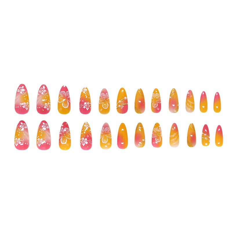 3D Embossed Hibiscus Press On Nails - Orange Pink Gradient, 24pcs