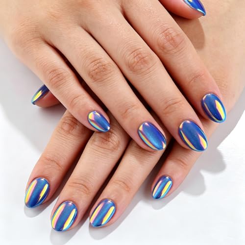 Aurora Blue Metallic Press-On Nails - Short Almond 24pcs