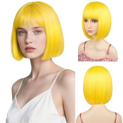 Yellow 12-Inch Synthetic Bob Wig with Flat Bangs for Costume & Parties
