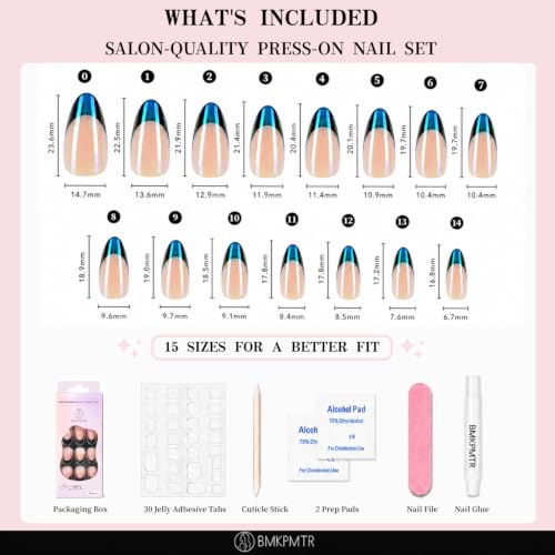BMKPMTR Short Almond Press On Nails Navy Chrome French Tip Set - Nude Pink & Navy Variation, 30 pcs