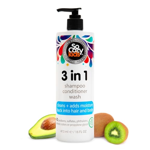 SoCozy 3-in-1 Kids Shampoo, Conditioner & Body Wash - Gentle Cleanser with Keratin & Kiwi Extract, Paraben-Free