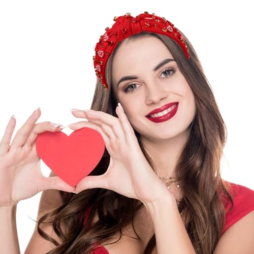 Beaded Heart Valentine’s Day Headband - Jeweled Rhinestone Knotted Hairband