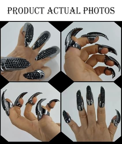 Bestga Black Halloween Crystal Claw Rings Cat Wolf Cosplay Paw Nails Set