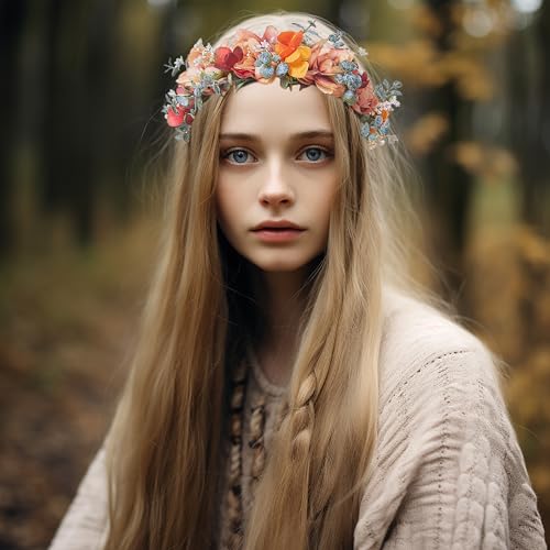 LLinfflr Adjustable Floral Halo Headband for Weddings and Parties - Orange, W Variant