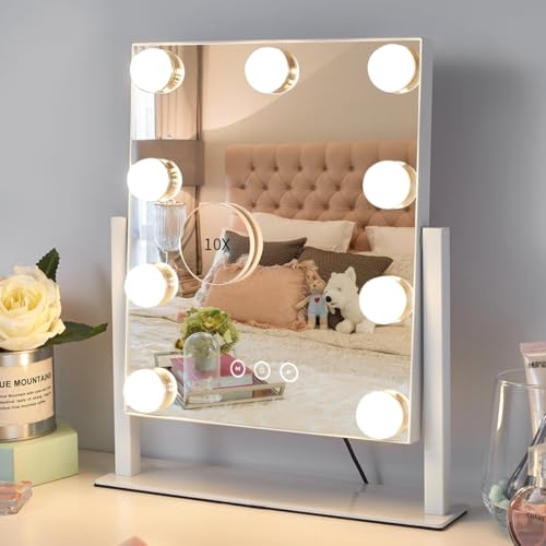 Kotdning Vanity Mirror with Lights,Lighted Vanity Mirror with 9 Dimmable Bulbs for Dressing Room & Bedroom,3 Color Lighting,Modes Detachable 10x Magnification 360¡ÆRatation(White) 12" L x 14.4" W