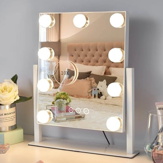 Kotdning Vanity Mirror with Lights,Lighted Vanity Mirror with 9 Dimmable Bulbs for Dressing Room & Bedroom,3 Color Lighting,Modes Detachable 10x Magnification 360¡ÆRatation(White) 12" L x 14.4" W