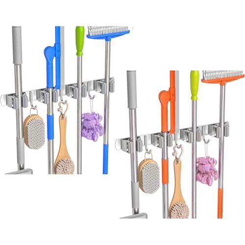 Broom Holder Wall Mount Organizer with 4 Racks & 3 Hooks - 2 Pack