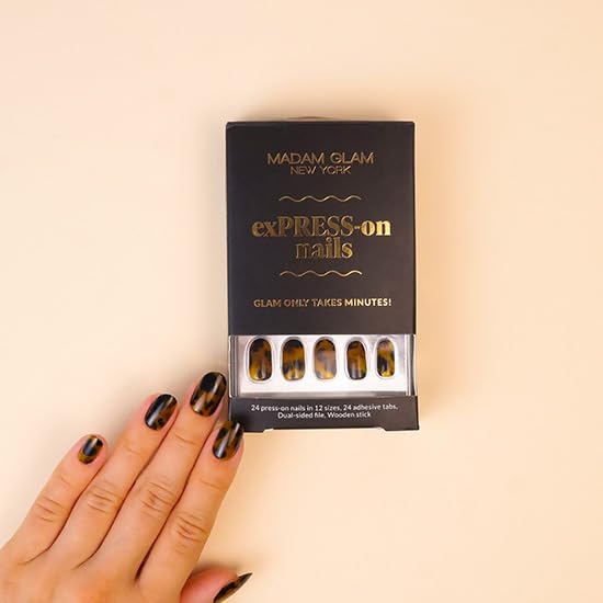 Madam Glam Tortoise Shell Press-On Nails - Matte Finish, 12 Sizes, Reusable DIY Manicure