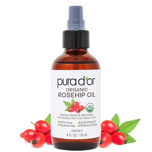 PURA D'OR ORGANIC Rosehip Seed Oil 100% Pure Cold Pressed USDA Certified For Hair, Skin, Scalp, Anti Aging Face & Body - Hexane Free Glass Bottle - 4 Oz - Hair Regrowth Tonic