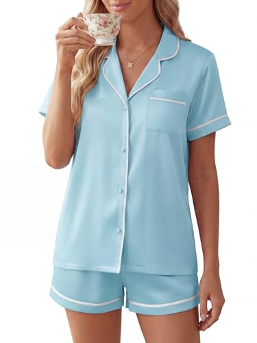 Women's Satin Pajama Set Short Sleeve Button-Down 2 Piece Sleepwear