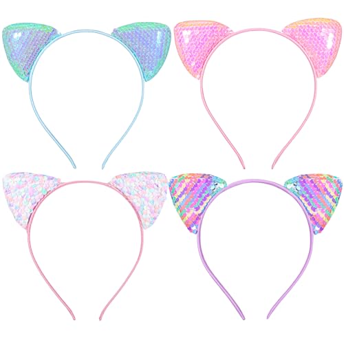4PCS Light Up Reversible Sequin Cat Ear Headbands for Parties