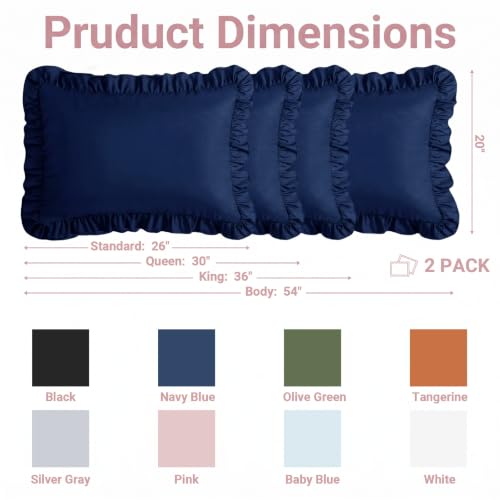 Set of 2 Navy Blue Ruffle Pillow Shams - Soft Microfiber, 20x26 Inches