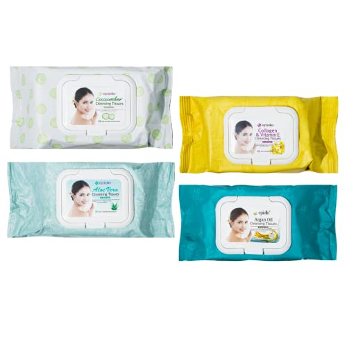 Epielle Cucumber Natural Makeup Remover Wipes 240 Count Pack, Gentle Facial Cleansing Towelettes with Collagen & Argan Oil