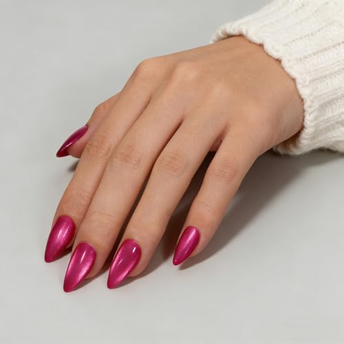 SXVME Hot Pink Cat Eye Press On Nails - 30 Pcs Medium Almond