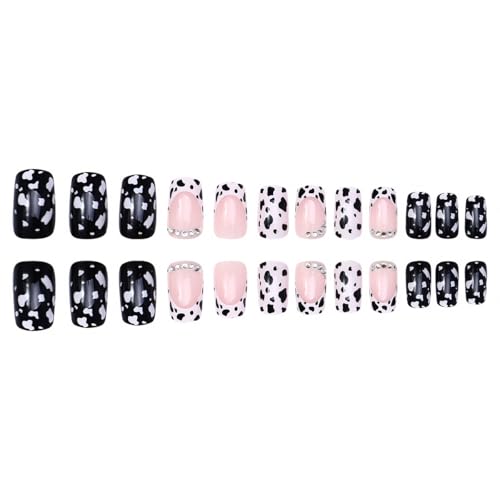 24 Pcs Short Square French Tip Press-On Nails with Glitter Rhinestones