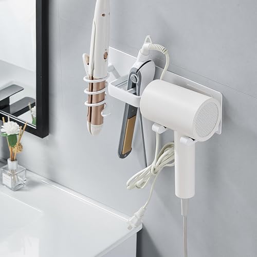 Matte White 3-in-1 Hair Dryer Holder - Wall Mounted Organizer for Bathroom