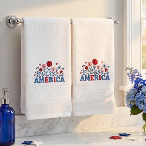 Peryiter 2 Pack Patriotic Hand Towels - 4th of July Floral Design