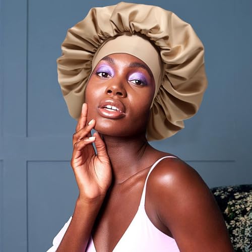 AWAYTR 2-Layer Satin Hair Bonnet with 3 Scrunchies - Coffee