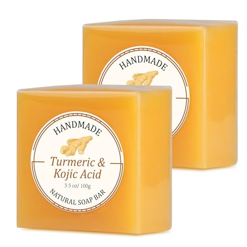 Kojic Acid Turmeric Brightening Soap Bars with Foaming Net - Skin Tone Corrector for Face & Body, 2-Pack