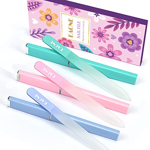 EAONE Crystal Glass Nail Files 3-Pack with Case - Pink, Blue, Green | Double-Sided Manicure Tools for Natural Nails & Pedicure