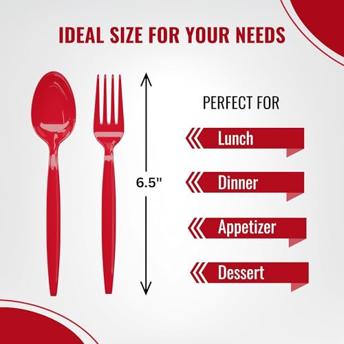 Red Plastic Spoon and Fork Set - 100 Durable Disposable Utensils